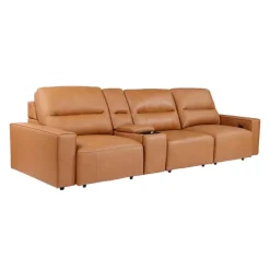Genuine Leather Modular Sofa with Power Sliding Seats and Media Console - 4 pcs Tan Outlet