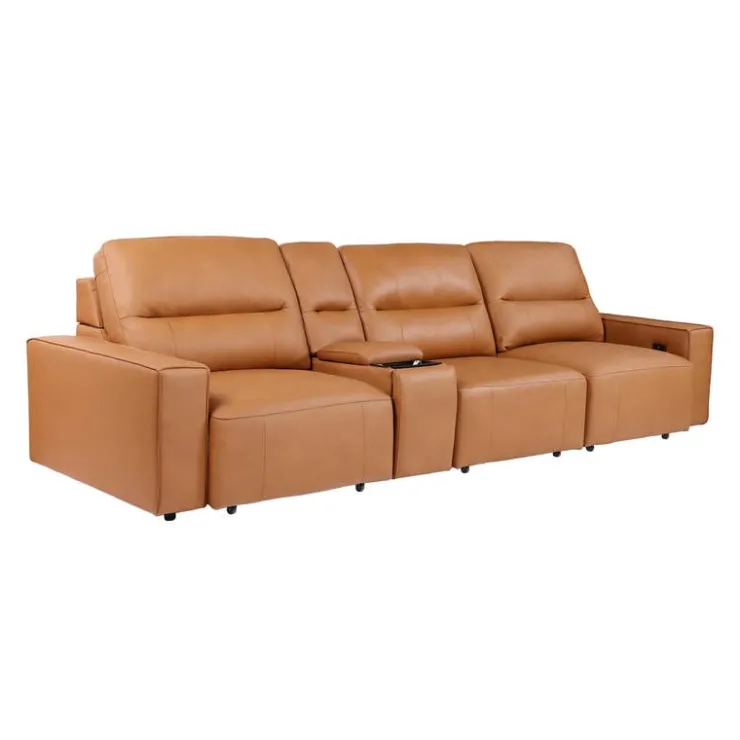 Genuine Leather Modular Sofa with Power Sliding Seats and Media Console - 4 pcs Tan Outlet
