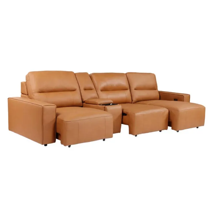 Genuine Leather Modular Sofa with Power Sliding Seats and Media Console - 4 pcs Tan Outlet