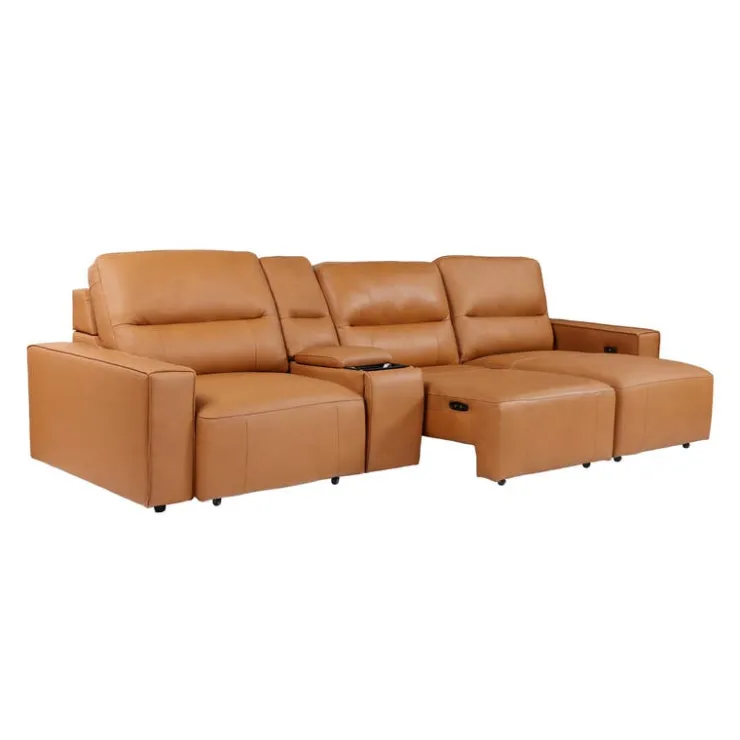 Genuine Leather Modular Sofa with Power Sliding Seats and Media Console - 4 pcs Tan Outlet