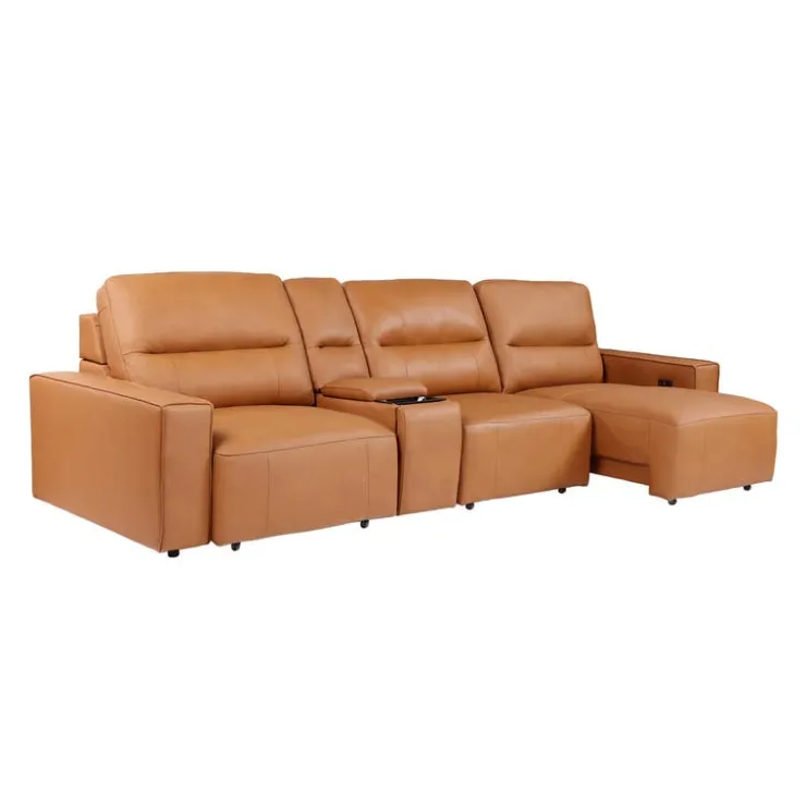Genuine Leather Modular Sofa with Power Sliding Seats and Media Console - 4 pcs Tan Outlet