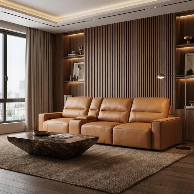 Genuine Leather Modular Sofa with Power Sliding Seats and Media Console - 4 pcs Tan Outlet