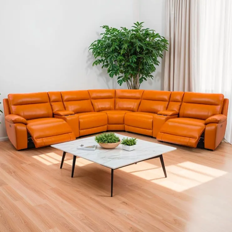 Genuine Leather Power Modular Reclining Sectional with 2 Consoles - 7 pcs Tan/Cognac Best