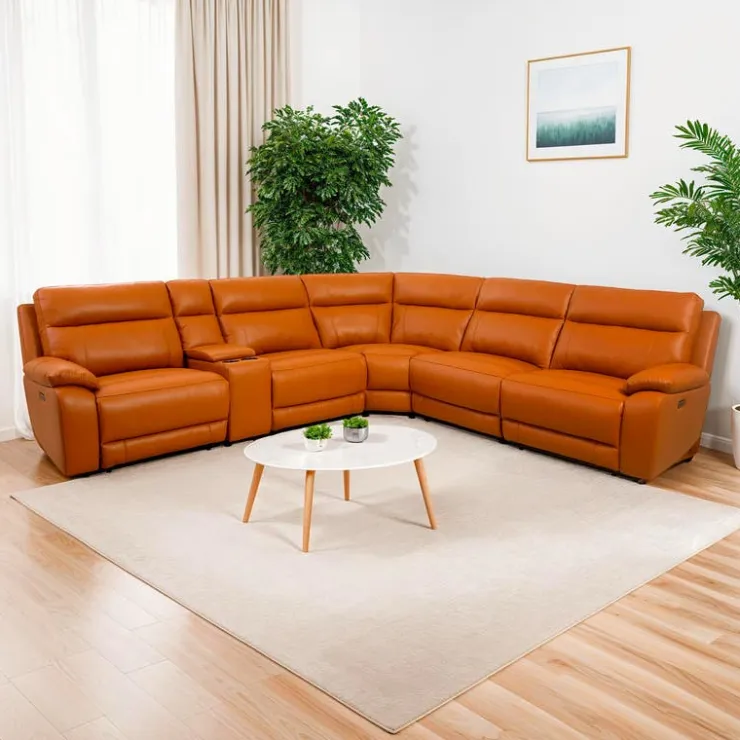 Genuine Leather Power Modular Reclining Sectional with Console - 6 pcs Tan / Cognac Online