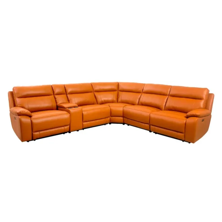 Genuine Leather Power Modular Reclining Sectional with Console - 6 pcs Tan / Cognac New