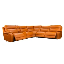 Genuine Leather Power Modular Reclining Sectional with Console - 6 pcs Tan / Cognac New