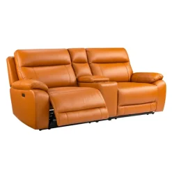 Genuine Leather Power Modular Reclining Loveseat with Console - 3 pcs Tan / Cognac Sale