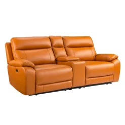 Genuine Leather Power Modular Reclining Loveseat with Console - 3 pcs Tan / Cognac Sale