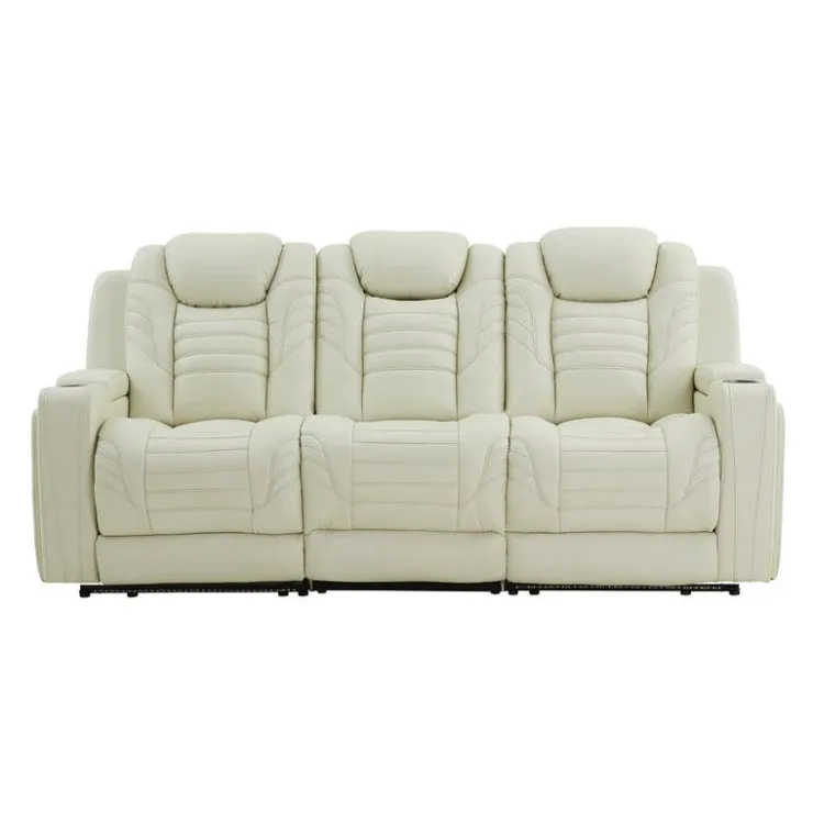 Genuine Leather Power Modular Reclining Sofa with Power Headrests, Drop-Down Backrest, and LED Lighting – 3 pcs Beige Online