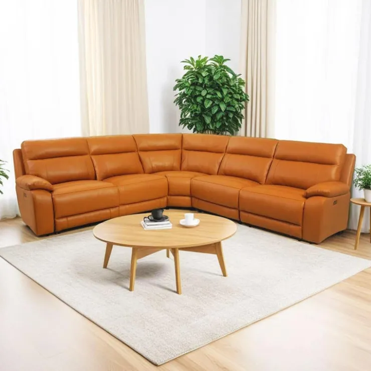 Genuine Leather Power Modular Reclining Sectional - 5 pcs Tan / Cognac Outlet