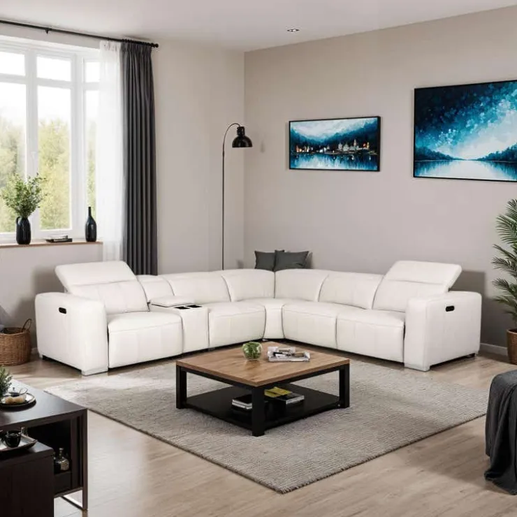 HTL Genuine Leather Power Modular Reclining Sectional with Adjustable Headrests – 6 pcs Beige Best