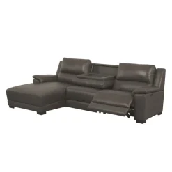 Genuine Leather Power Reclining Sectional with Chaise and Fold-Down Backrest Dark Grey Outlet