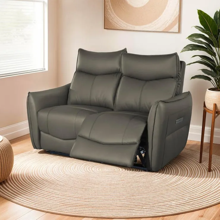 Genuine Leather Power Reclining Loveseat with 3 Motors - Headrest, Footrest & Lumbar Support Dark Taupe Sale