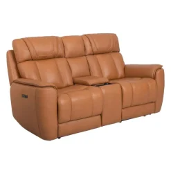 Genuine Leather Power Reclining Modular Loveseat with Adjustable Headrests, Console and Retractable Cup Holders - 3 pcs Tan Best
