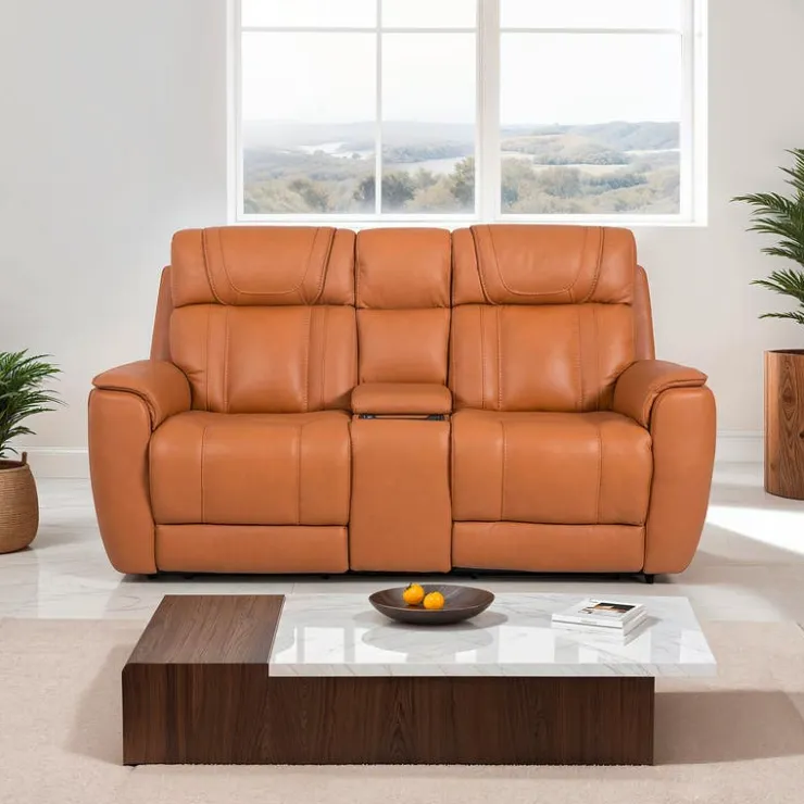 Genuine Leather Power Reclining Modular Loveseat with Adjustable Headrests, Console and Retractable Cup Holders - 3 pcs Tan Best