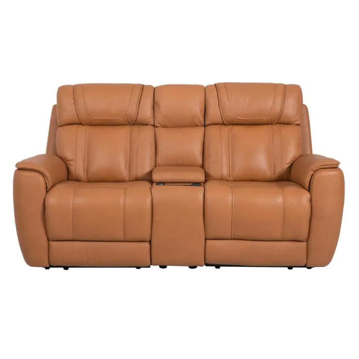 Genuine Leather Power Reclining Modular Loveseat with Adjustable Headrests, Console and Retractable Cup Holders - 3 pcs Tan Best