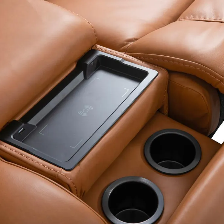 Genuine Leather Power Reclining Modular Loveseat with Adjustable Headrests, Console and Retractable Cup Holders - 3 pcs Tan Best