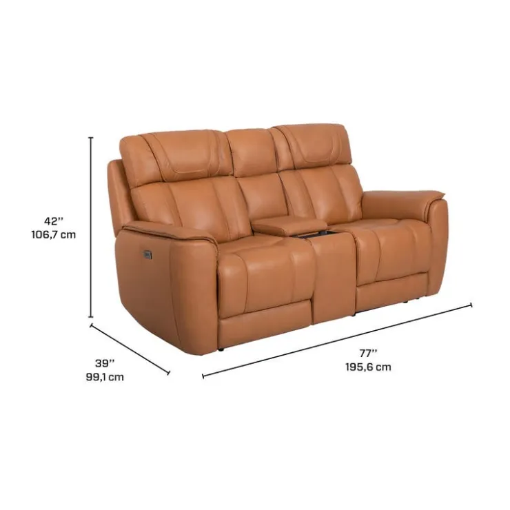 Genuine Leather Power Reclining Modular Loveseat with Adjustable Headrests, Console and Retractable Cup Holders - 3 pcs Tan Best