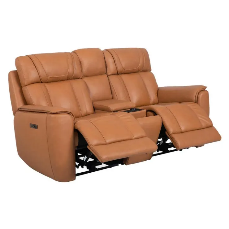 Genuine Leather Power Reclining Modular Loveseat with Adjustable Headrests, Console and Retractable Cup Holders - 3 pcs Tan Best