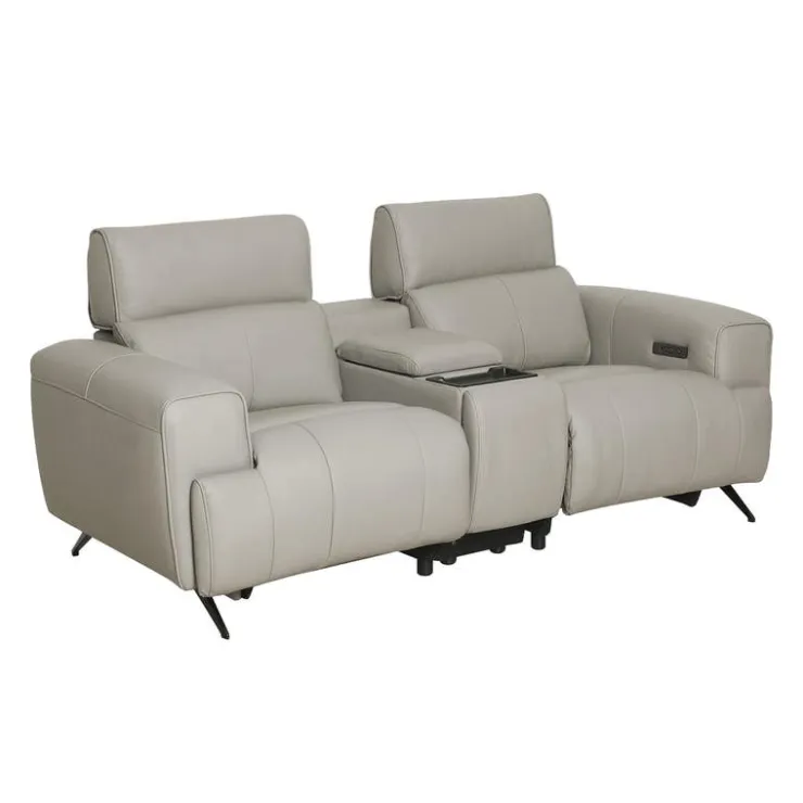 Genuine Leather Power Reclining Loveseat with Console Grey Discount