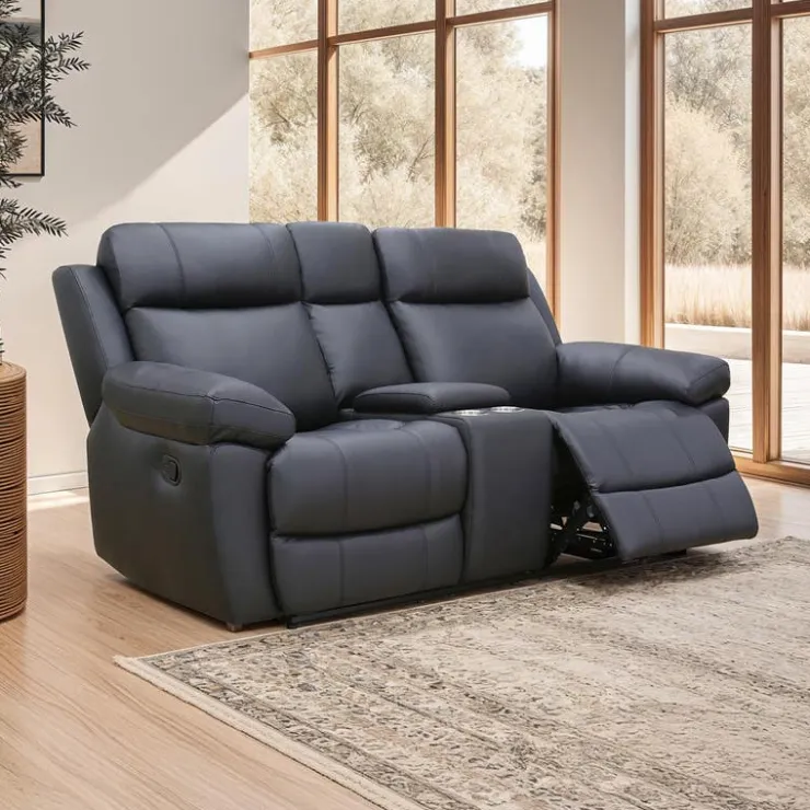 Genuine Leather Reclining Loveseat with Console Black Best
