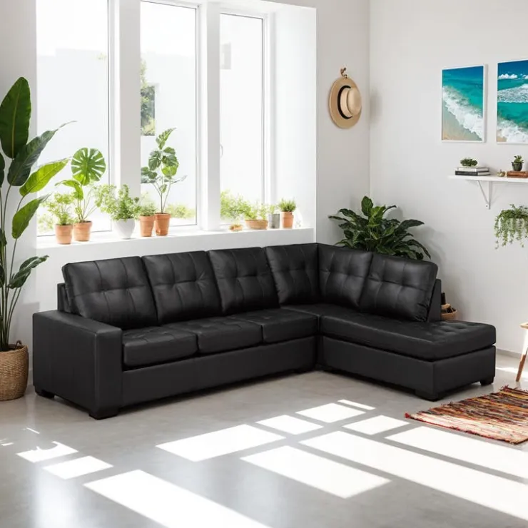 Sofa By Fancy Genuine Leather Sectional - Right-Side Chaise Black Hot