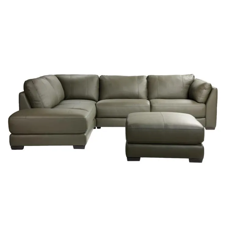 HTL Genuine Leather Sectional with Left-Side Extra Seat and Matching Ottoman Vert Khaki New