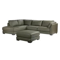 HTL Genuine Leather Sectional with Left-Side Extra Seat and Matching Ottoman Vert Khaki New