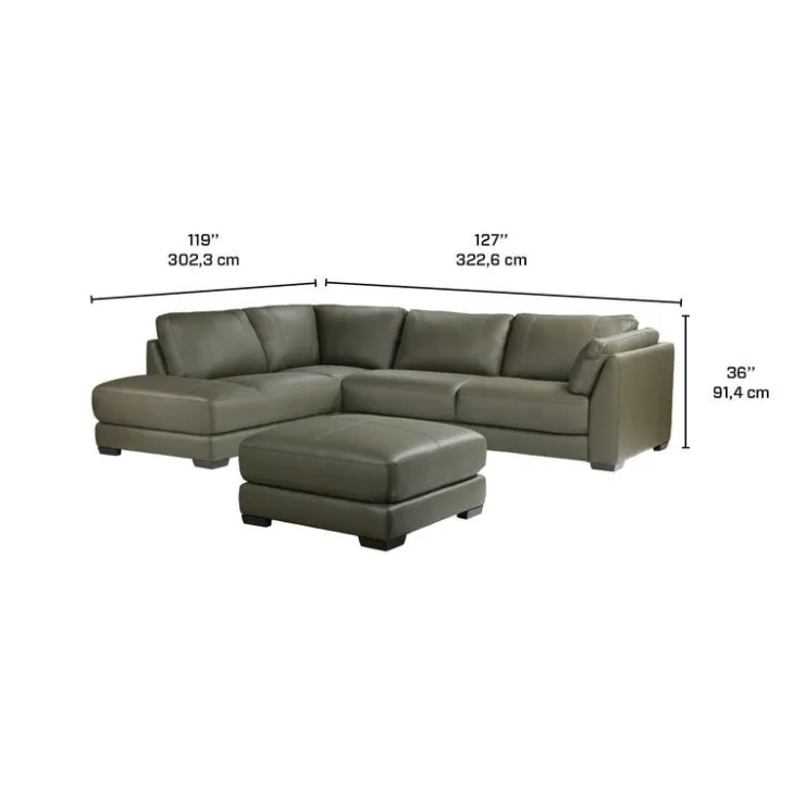 HTL Genuine Leather Sectional with Left-Side Extra Seat and Matching Ottoman Vert Khaki New
