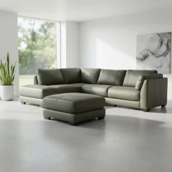 HTL Genuine Leather Sectional with Left-Side Extra Seat and Matching Ottoman Vert Khaki New
