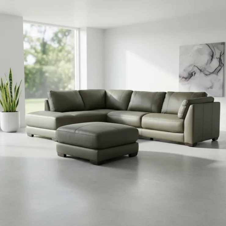 HTL Genuine Leather Sectional with Left-Side Extra Seat and Matching Ottoman Vert Khaki New