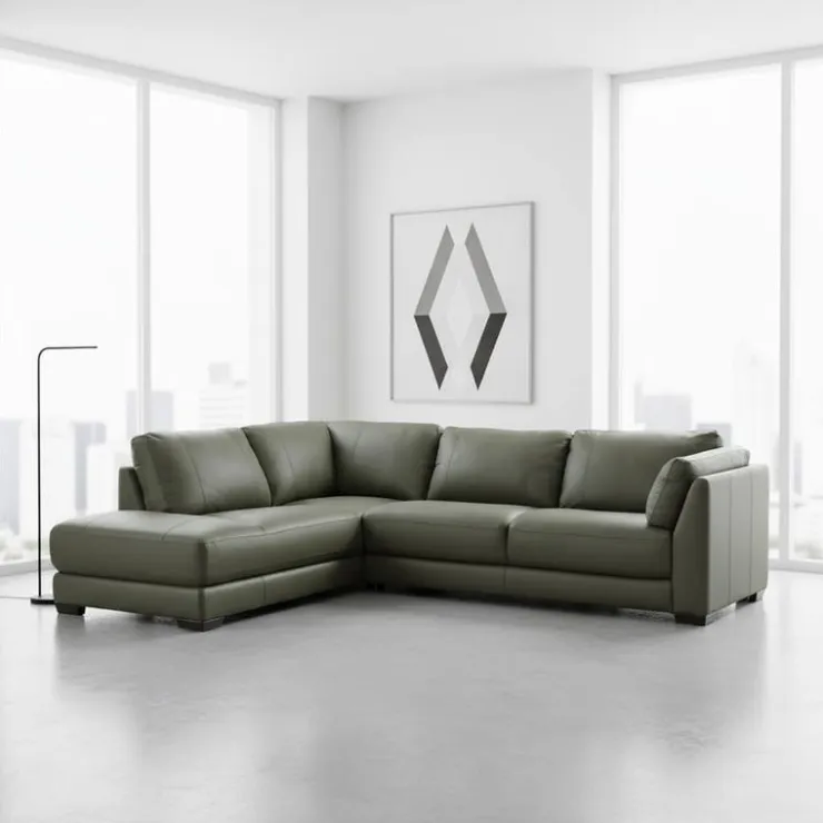 HTL Genuine Leather Sectional with Left-Side Extra Seat Vert Khaki Outlet