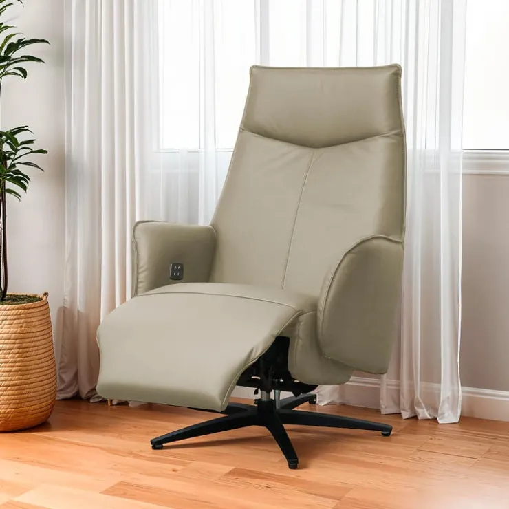 Genuine Leather Swivel Power Recliner - Taupe Clearance