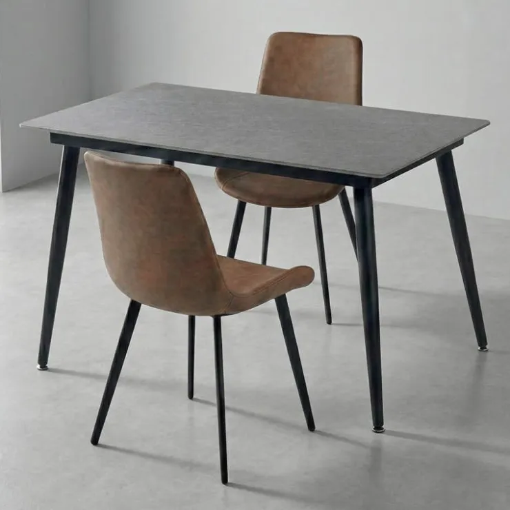 Sintered Stone Dining Set with 2 Cognac Chairs - 48" Grey Discount