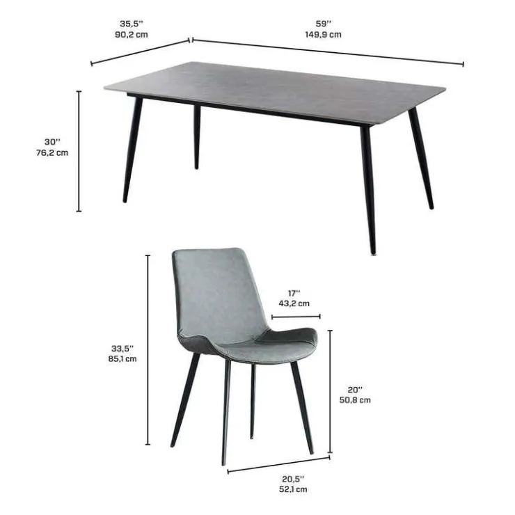 Grey Sintered Stone Dining Set with 4 Grey Chairs - 59" Gray Table / Chairs Grey