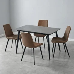 Sintered Stone Dining Set with 4 Cognac Chairs - 48" Grey New