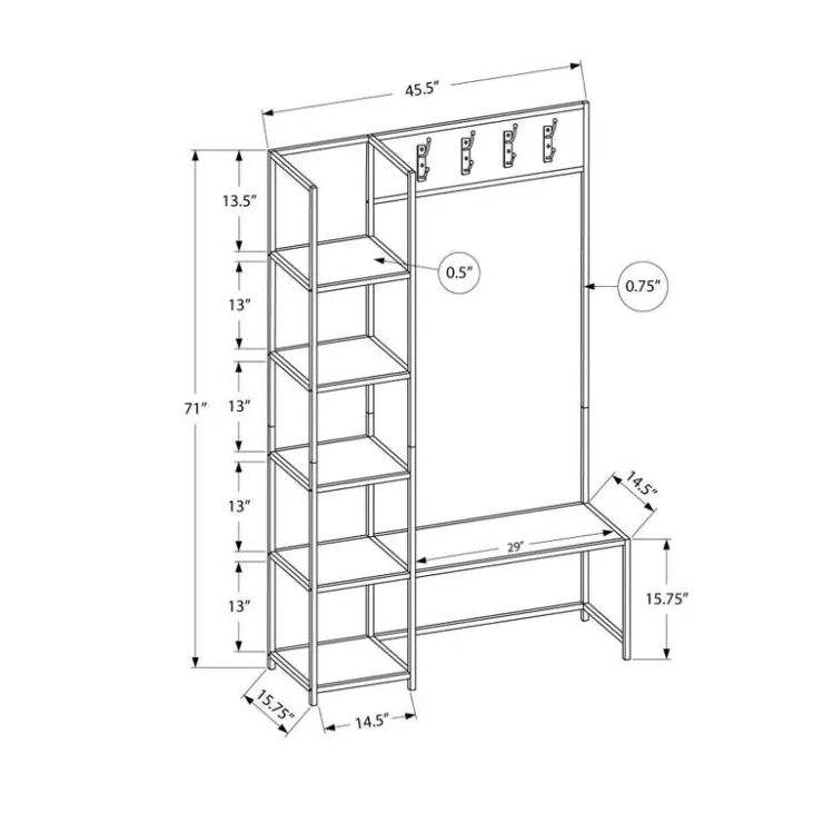 Monarch Hall tree / bench - 8 hooks / 5 shelves - 72"h - / metal Black New
