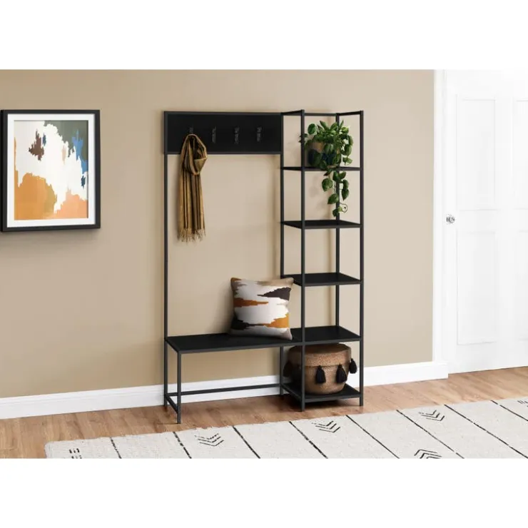 Monarch Hall tree / bench - 8 hooks / 5 shelves - 72"h - / metal Black New