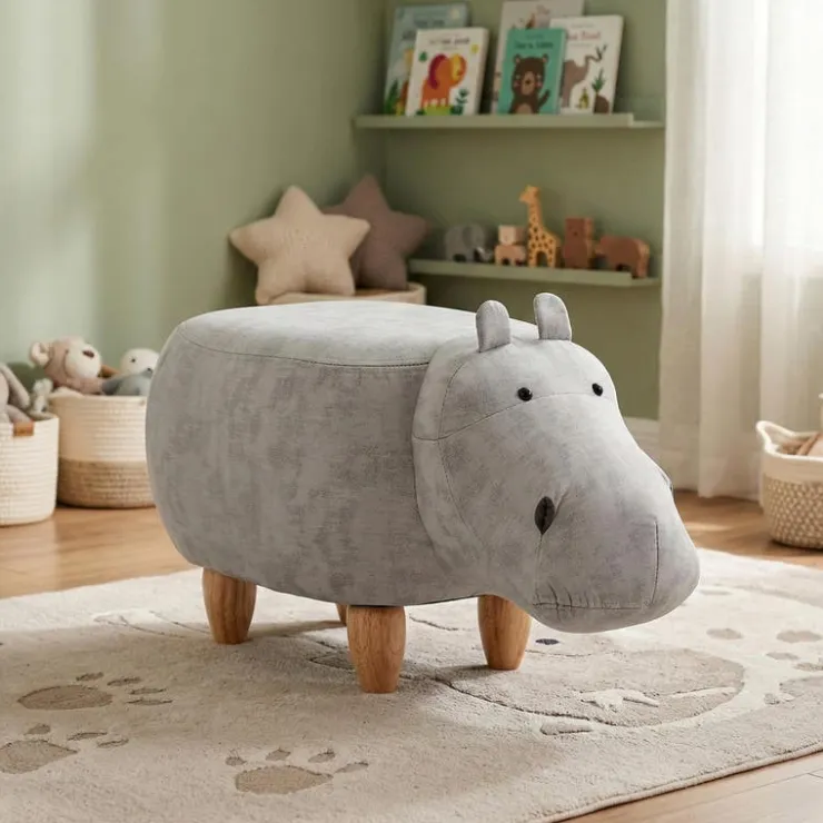 Hippopotamus-Shaped Kids Pouf – 26" x 14.2" x 13.8" Grey