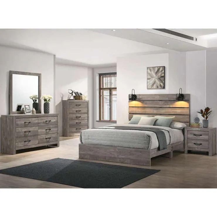 King Bed and Headboard with Lights (78'') Grey