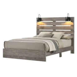 King Bed and Headboard with Lights (78'') Grey