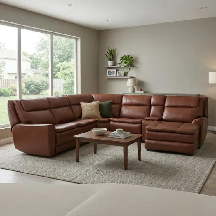Leather Power Sectional with Massage, Heat, Audio Console & Right-Facing Chaise - 6 pcs Caramel Brown Hot