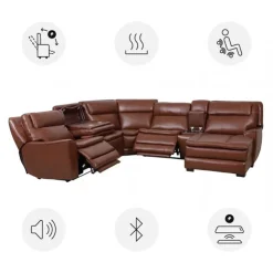 Leather Power Sectional with Massage, Heat, Audio Console & Right-Facing Chaise - 6 pcs Caramel Brown Hot