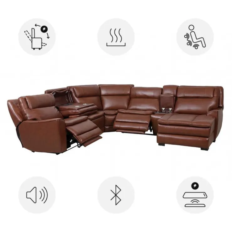 Leather Power Sectional with Massage, Heat, Audio Console & Right-Facing Chaise - 6 pcs Caramel Brown Hot