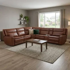 Leather Power Sectional with Massage, Heat and Audio Console - 6 pcs Caramel Brown Outlet