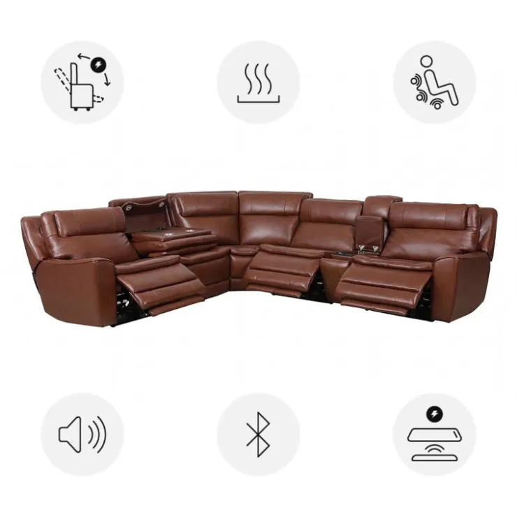 Leather Power Sectional with Massage, Heat and Audio Console - 6 pcs Caramel Brown Outlet