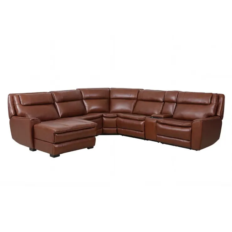 Leather Power Sectional with Massage, Heat, Audio Console & Left-Facing Chaise - 6 pcs Caramel Brown New