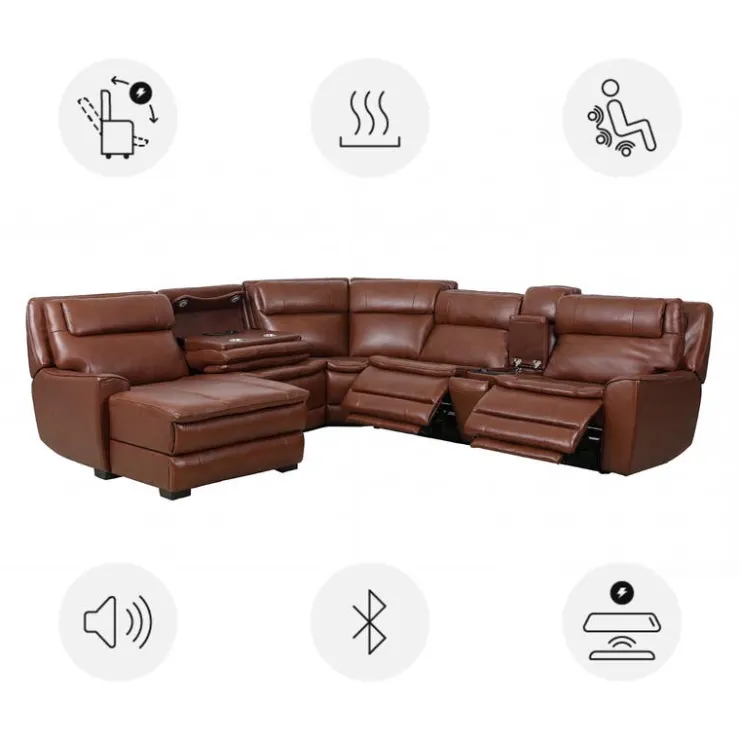 Leather Power Sectional with Massage, Heat, Audio Console & Left-Facing Chaise - 6 pcs Caramel Brown New