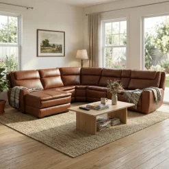 Leather Power Sectional with Massage, Heat, Audio Console & Left-Facing Chaise - 6 pcs Caramel Brown New