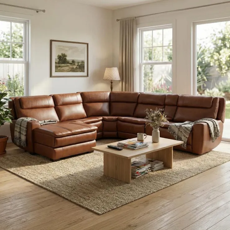 Leather Power Sectional with Massage, Heat, Audio Console & Left-Facing Chaise - 6 pcs Caramel Brown New